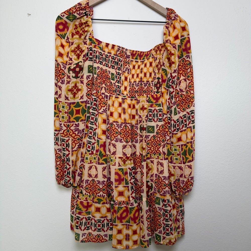 Aritzia Dress Forum Women Mini Dress Large Patchwork Boho Square Neck Puff Sleev - Picture 9 of 10